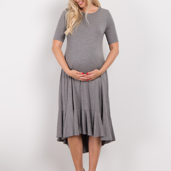PinkBlush Heather Gray Ruffle Trim Maternity dress - Picture 2 of 4